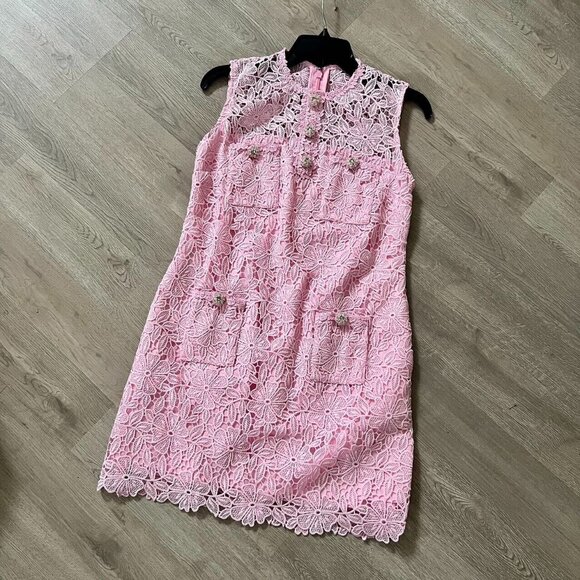 Women's Embroidery Sleeveless Lace Hollow Out Mini Dress Short Skirt Pink Size L - Picture 3 of 9